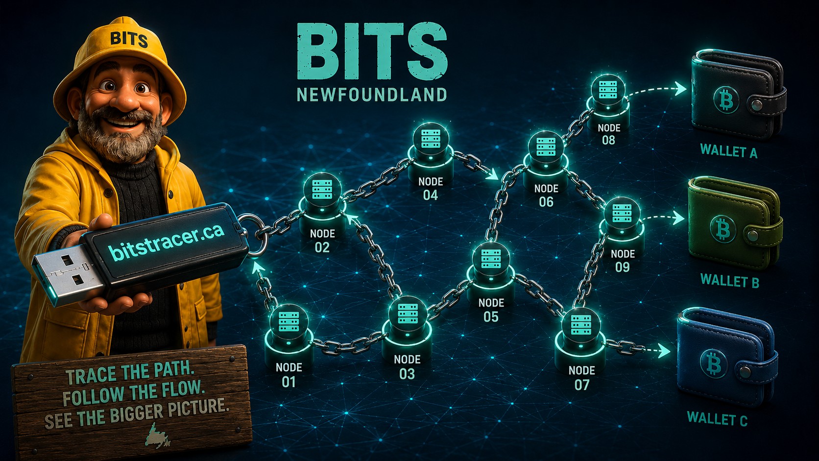 BITS Tracer — trace stolen crypto from wallet to wallet across the blockchain, off a USB stick. BITS Newfoundland.